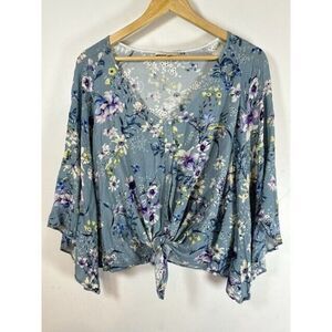 Lavender Brown Blue Floral Eyelet Tie Front blouse Womans L GUC